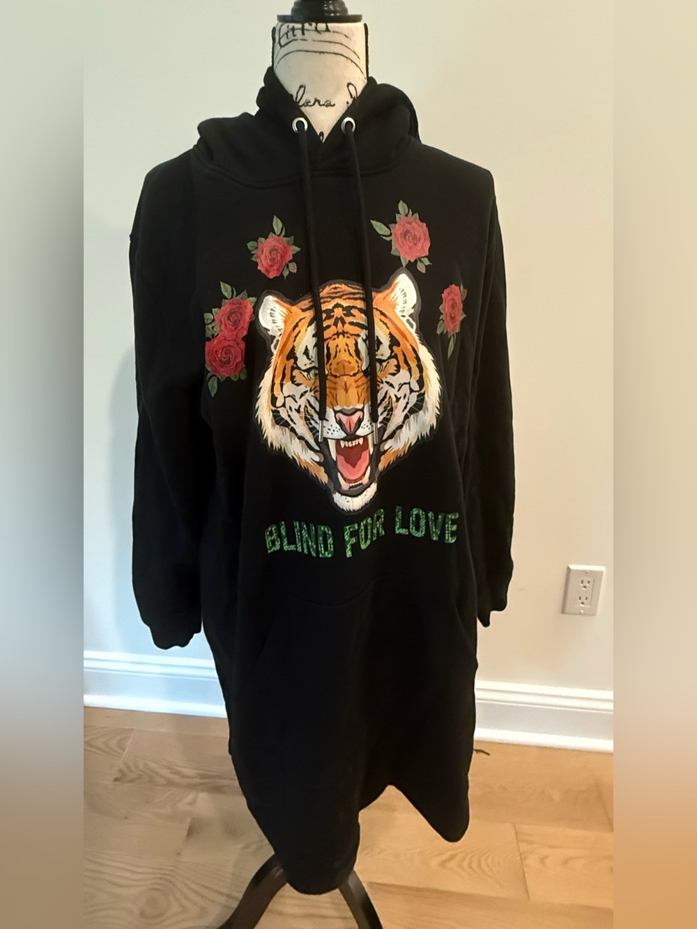 Black Hooded Tunic Sweatshirt /  Dress — "Blind for Love" Tiger & Rose Graphic